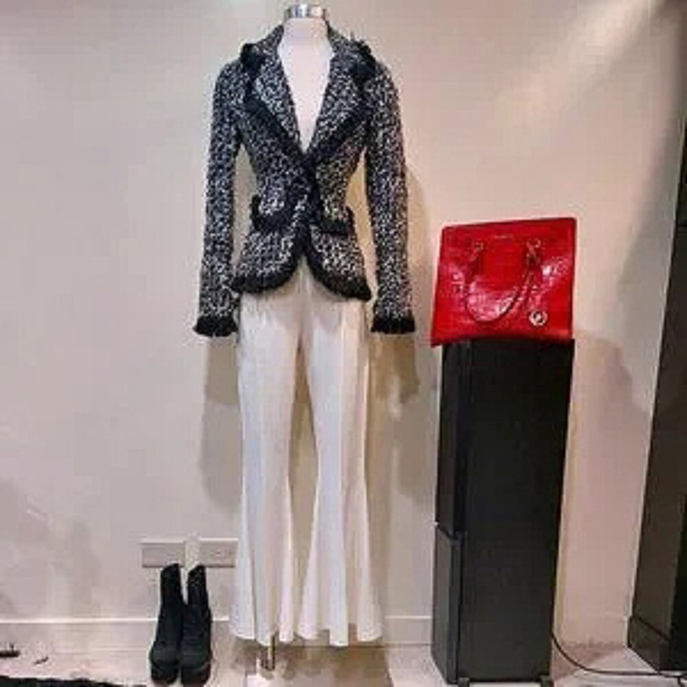 💋STUNNING💋 Vintage Newport News Fringe Trim Black & White Tweed Blazer
